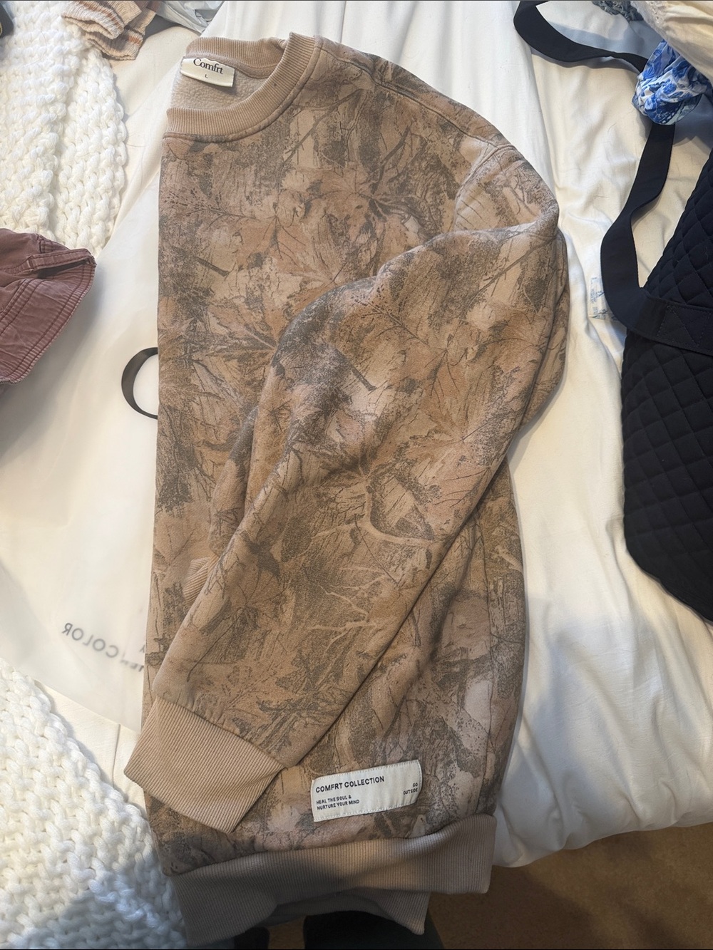 Comfrt Unisex Crewneck Sweater in Tan Camo
